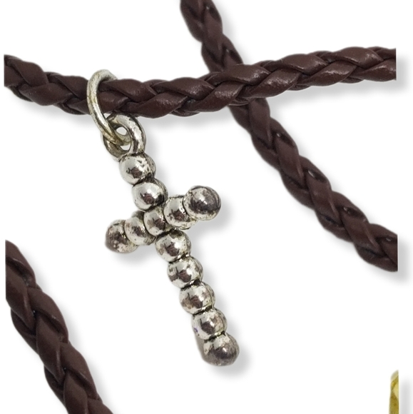 VERY LONG BROWN BRAIDED LEATHER & SILVERPLATED CROSS CHARMS NECKLACE - Picture 8 of 10